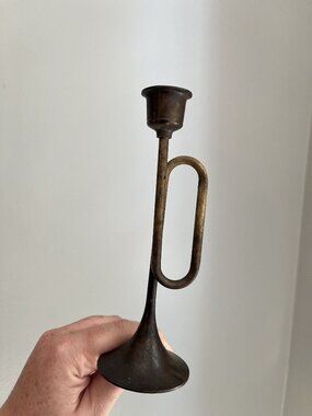 Vintage Brass Bugle-Style Candlestick Holder - Rustic Patina 7" Tall Decorative